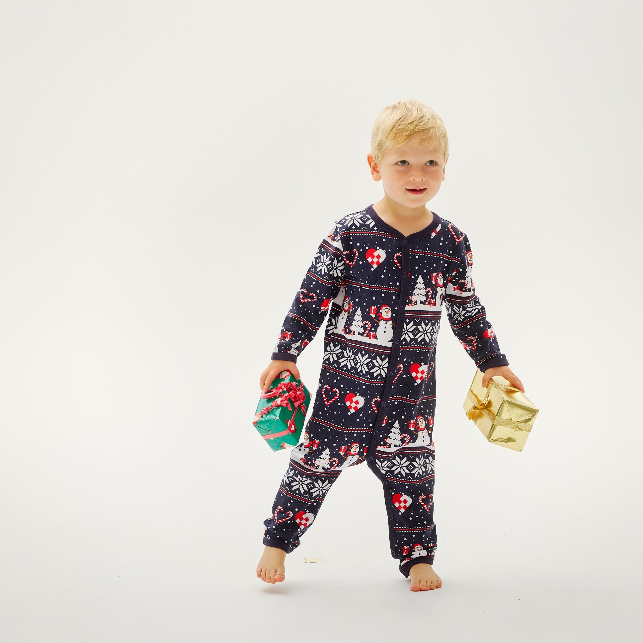 Dunkelblauer Weihnachts-Pyjama mit Rentier- und Schneeflockenmuster für Babys, weihnachtspyjama.